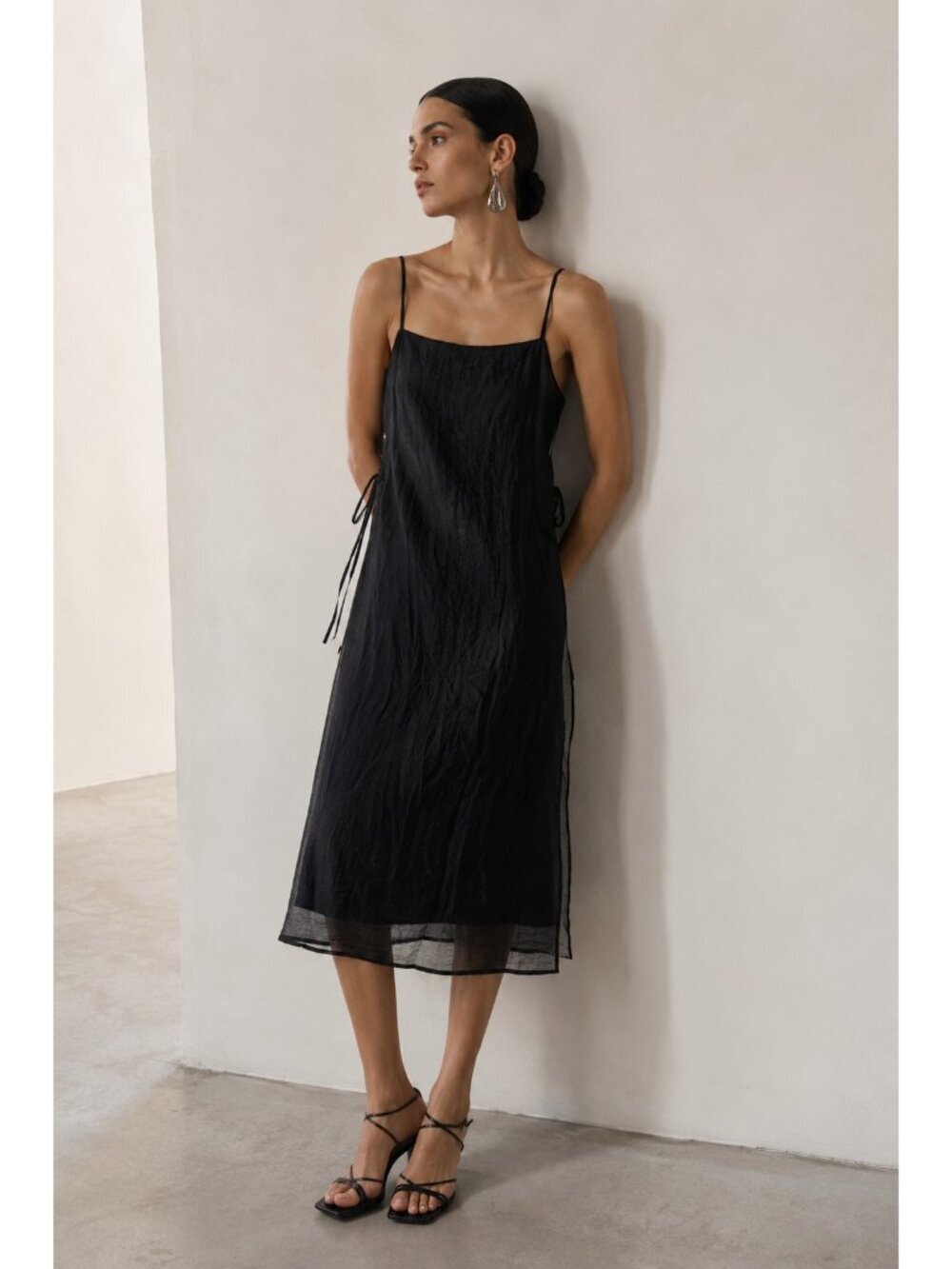 Monmouth Black Sheer Layered Midi Dress Side Tie Spaghetti Strap Minimalist M